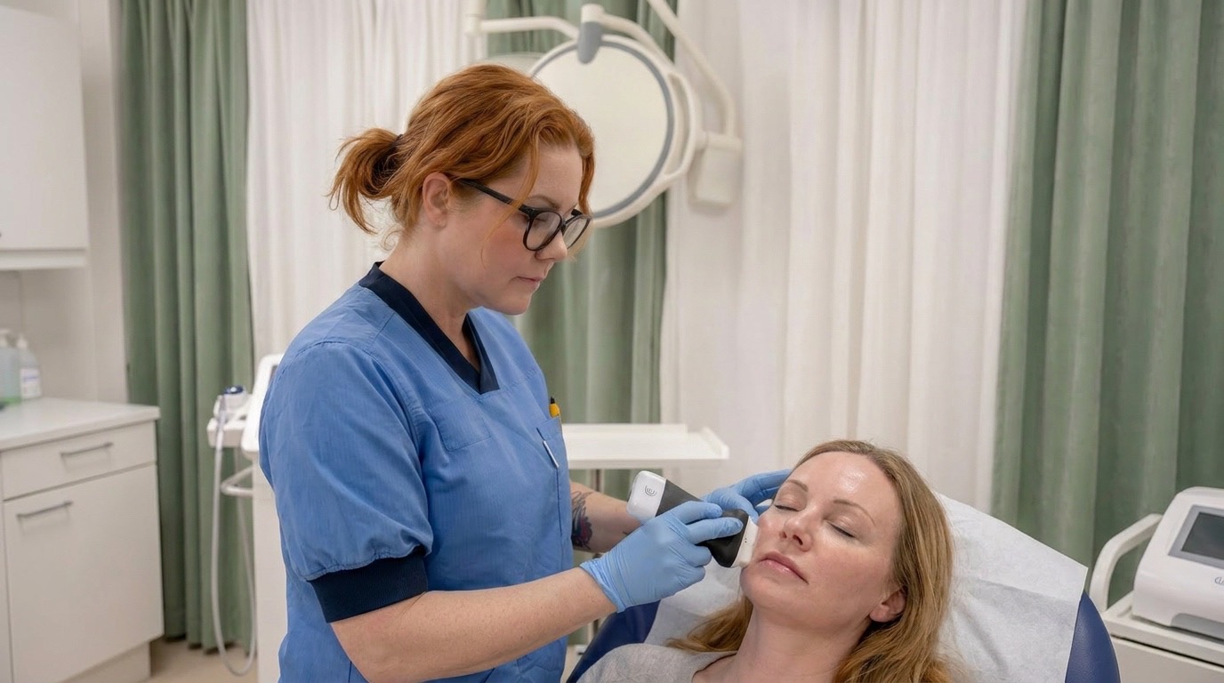 A female healthcare professional with red hair and glasses, wearing blue scrubs and blue latex gloves, applying a handheld cosmetic or medical device to the cheek of a female patient who is reclined in a treatment chair with her eyes closed, inside a
