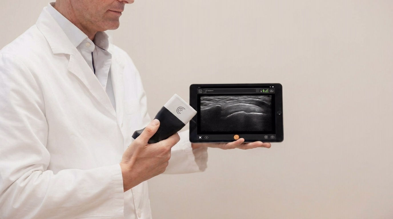 A medical professional in a white lab coat holding a small handheld wireless ultrasound probe in one hand and a tablet displaying a grayscale ultrasound scan image in the other hand.