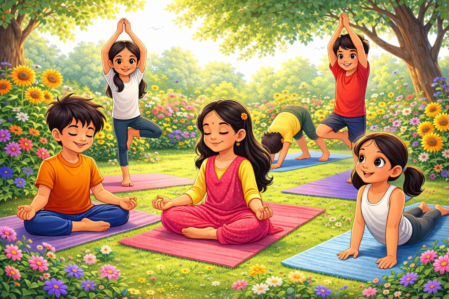 Children practicing health and fitness activities
