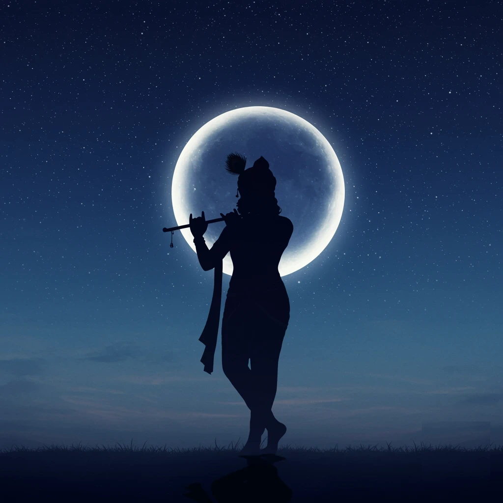 Krishna playing the flute beneath the moon over the Yamuna