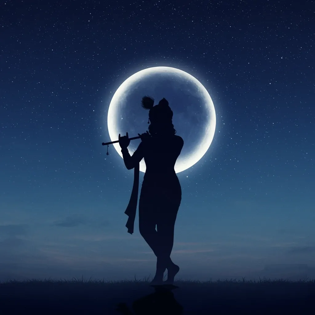 Krishna playing the flute beneath the moon over the Yamuna