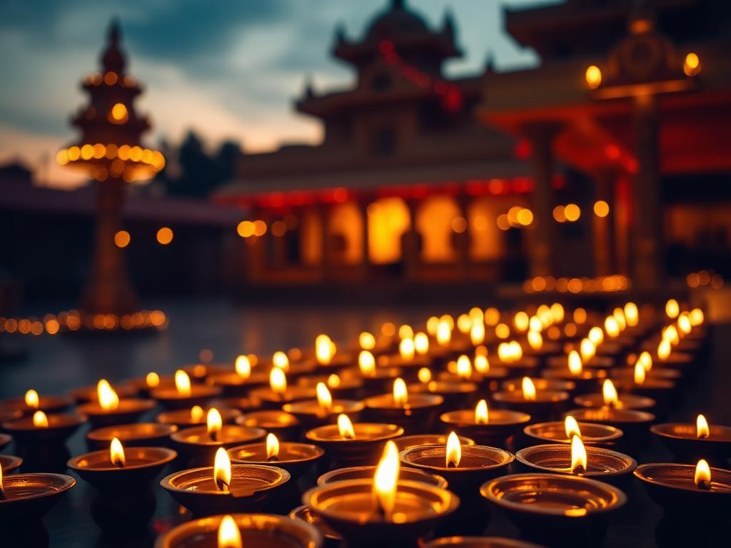 Diyas lit at the temple foundation
