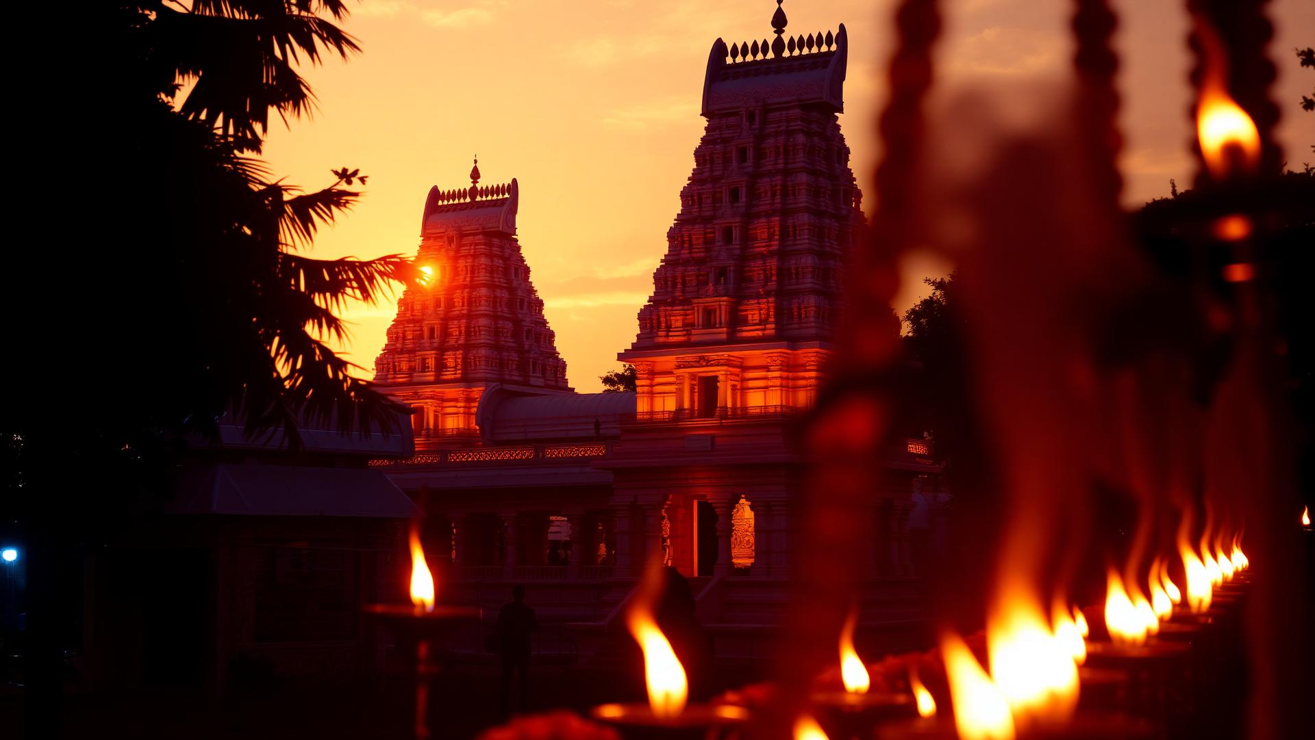 Temple gopuram towers at sunset