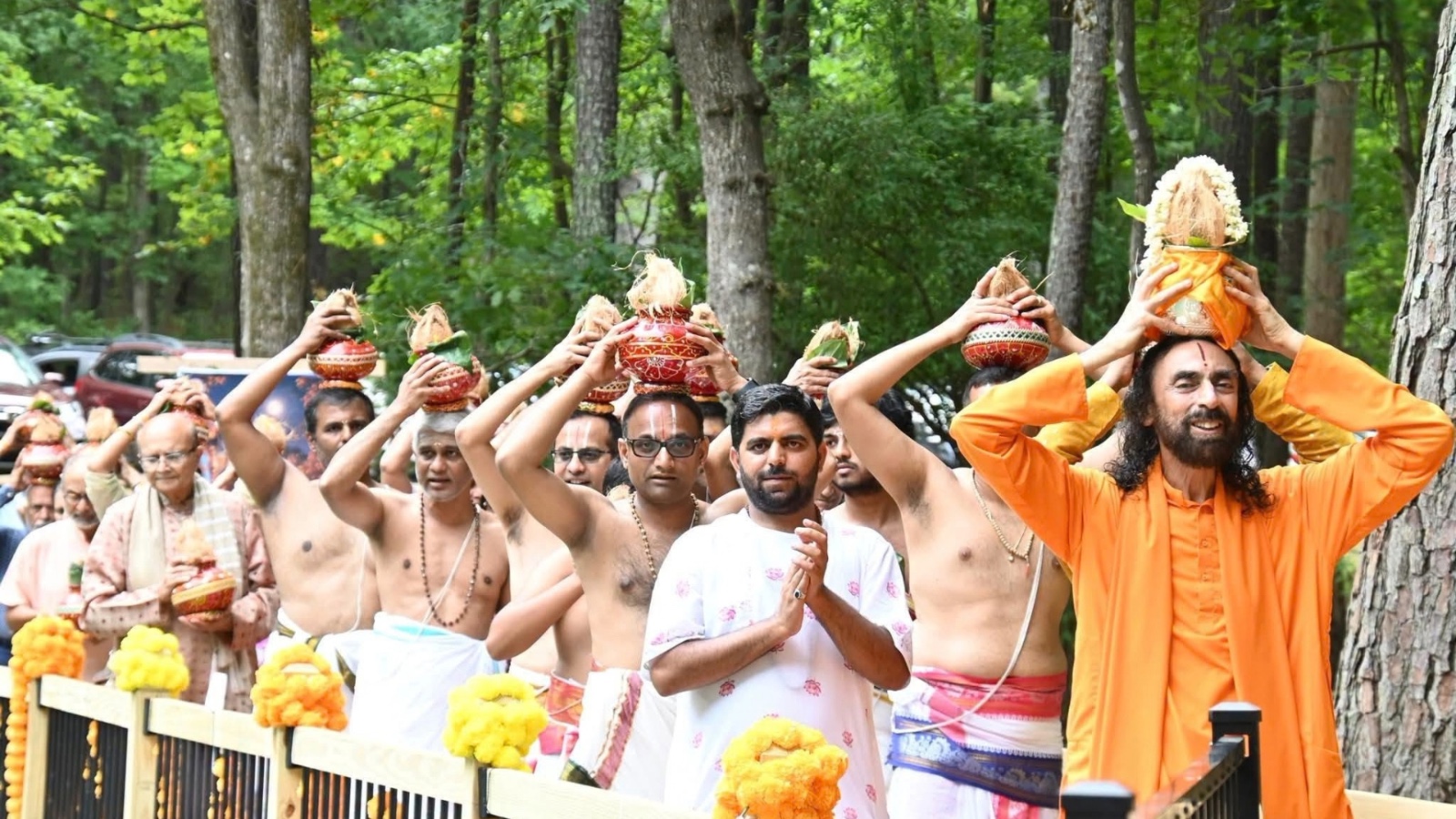 Placeholder: hero background photo of Swami Mukundananda and the Radha Krishna Temple of North Carolina — replace with final image