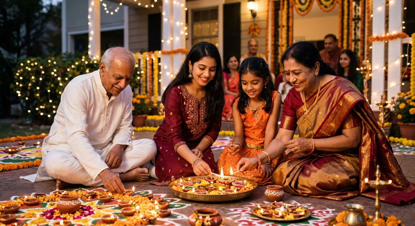 Diya lighting on Diwali night