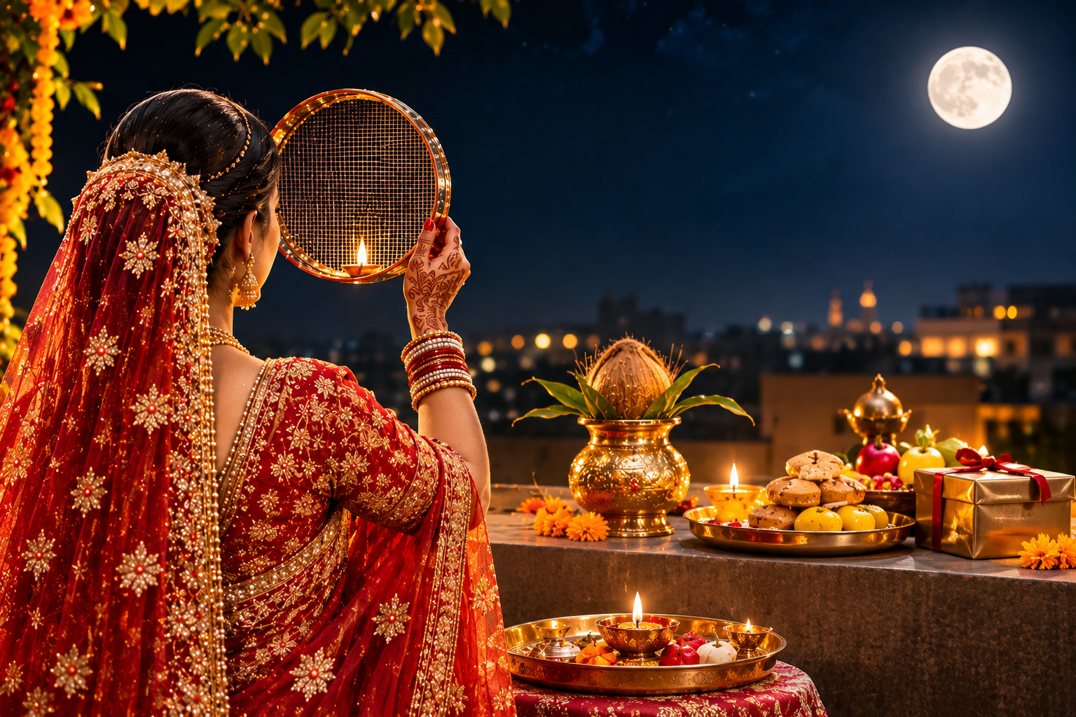 Woman in a red saree viewing the moon through a sieve on Karwa Chauth night