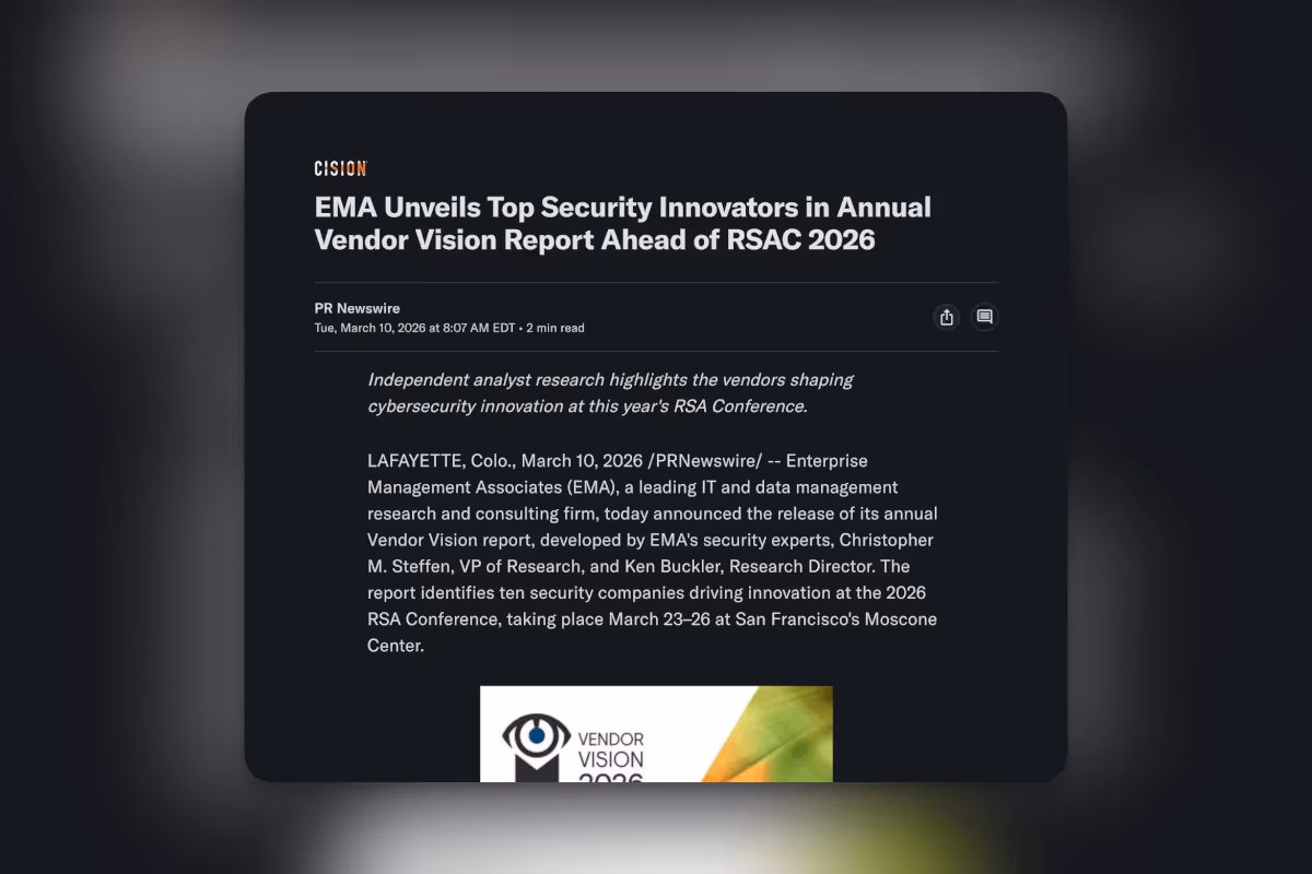 EMA Unveils Top Security Innovators in Annual Vendor Vision Report Ahead of RSAC 2026