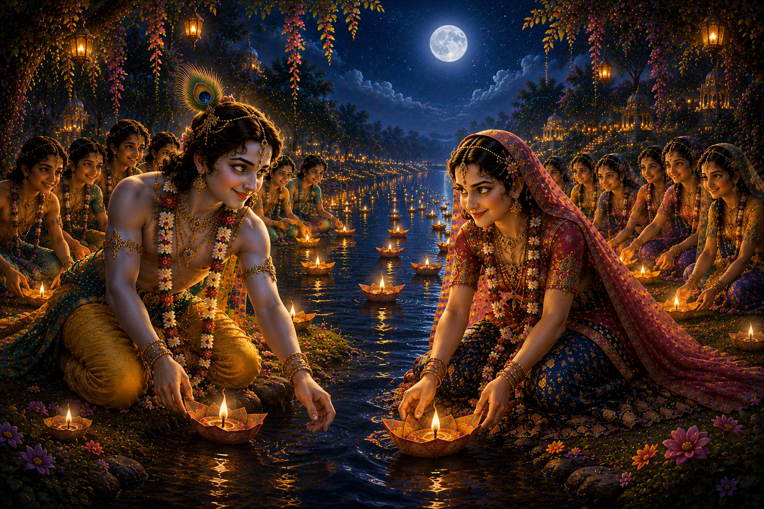Radha and Krishna Celebrating Diwali on the Banks of Yamuna Maa