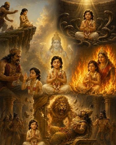Prahlad Maharaj protected through devotion in several trials
