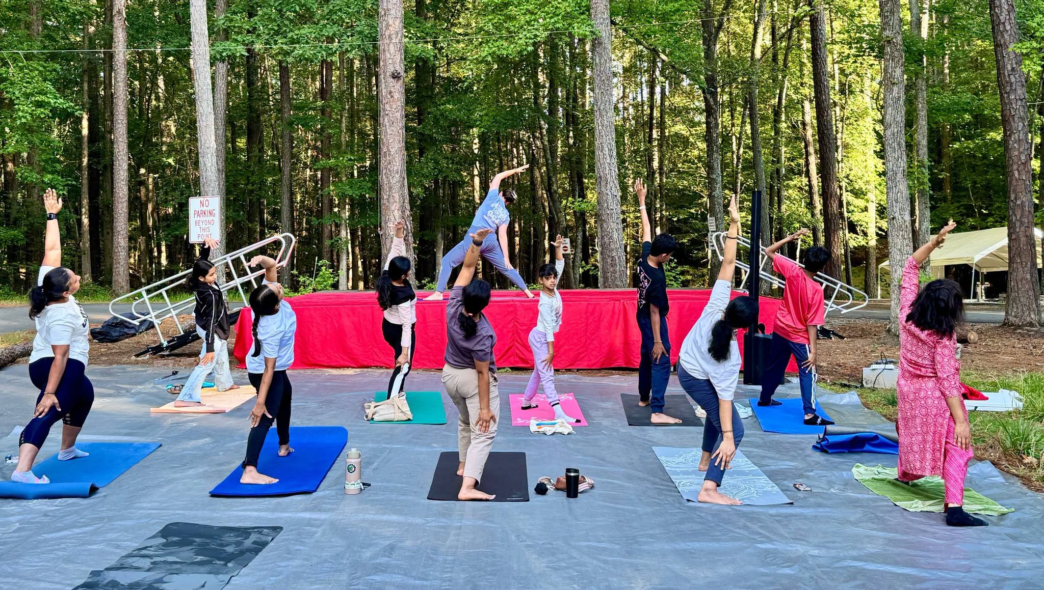 Outdoor group yoga at Radha Krishna Temple of North Carolina