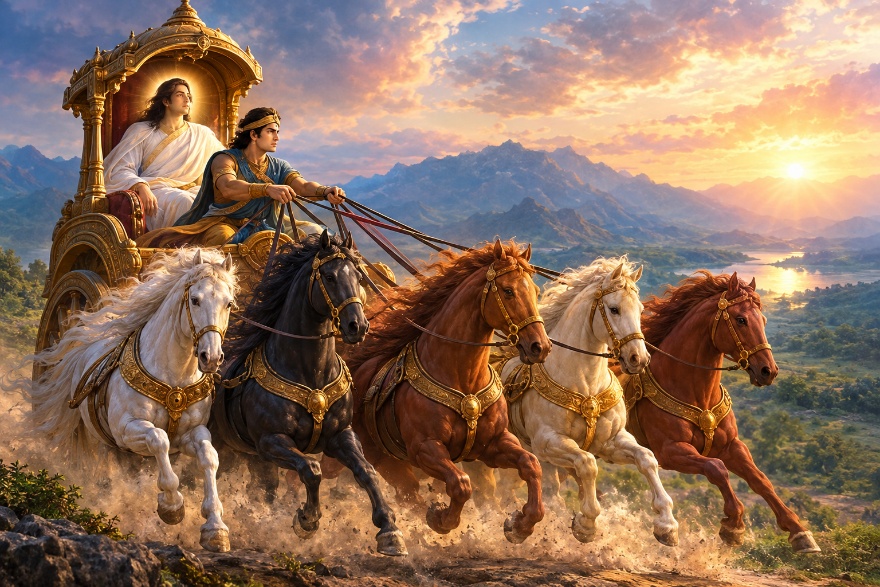 Chariot analogy: senses as horses, mind as reins, intellect as charioteer, and soul as passenger