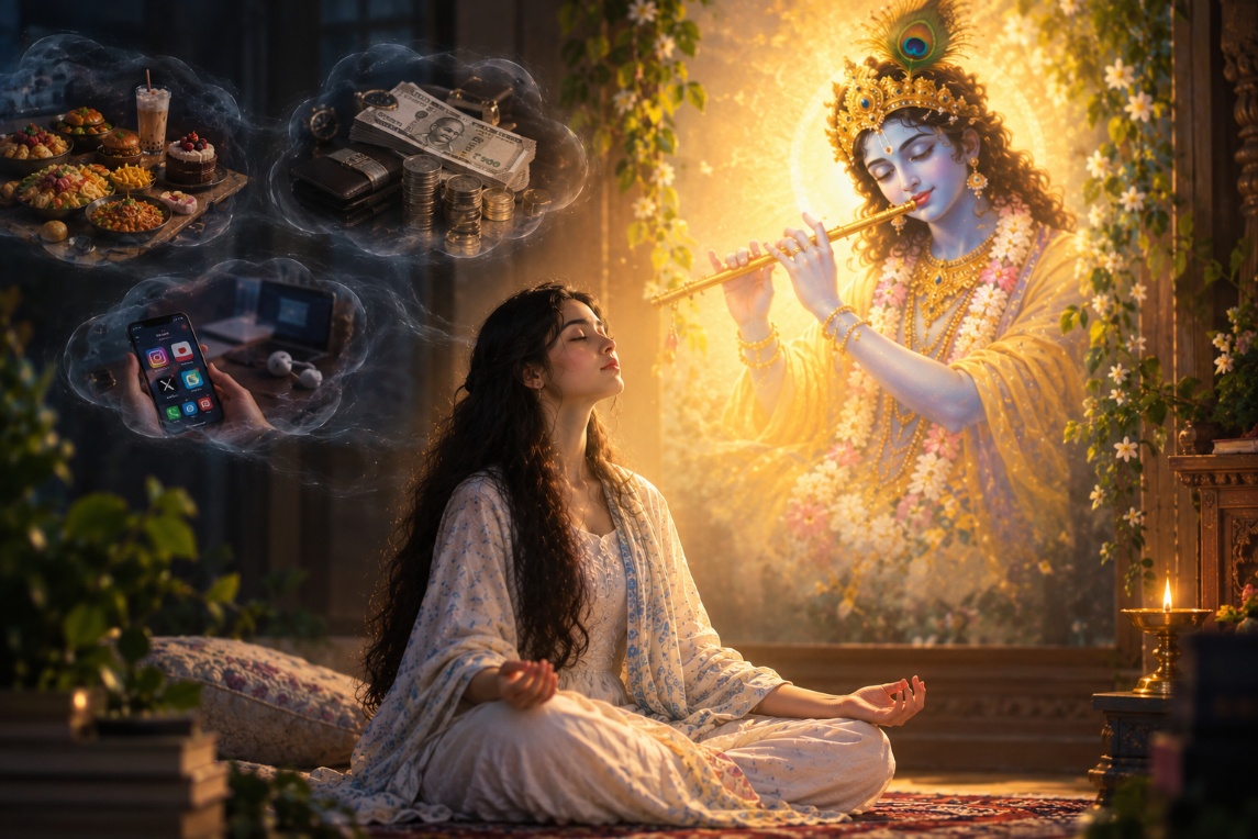 A devotee redirecting the mind from sensory distractions toward Shree Krishna