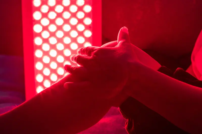 A person receiving a Lumiceuticals Harmonic Light Therapy with red glowing light. 