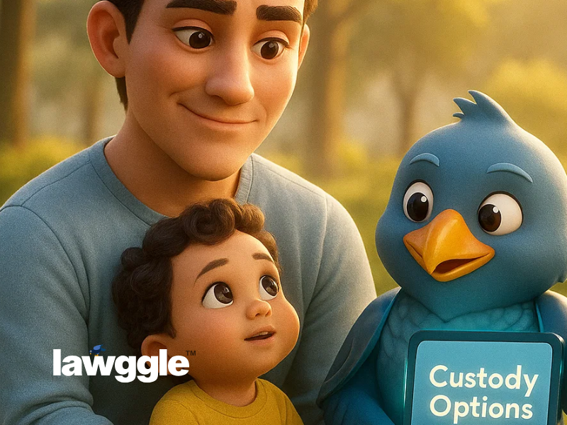 Cinematic 3D illustration of a parent sitting with Lawggle’s MatchBot reviewing custody options