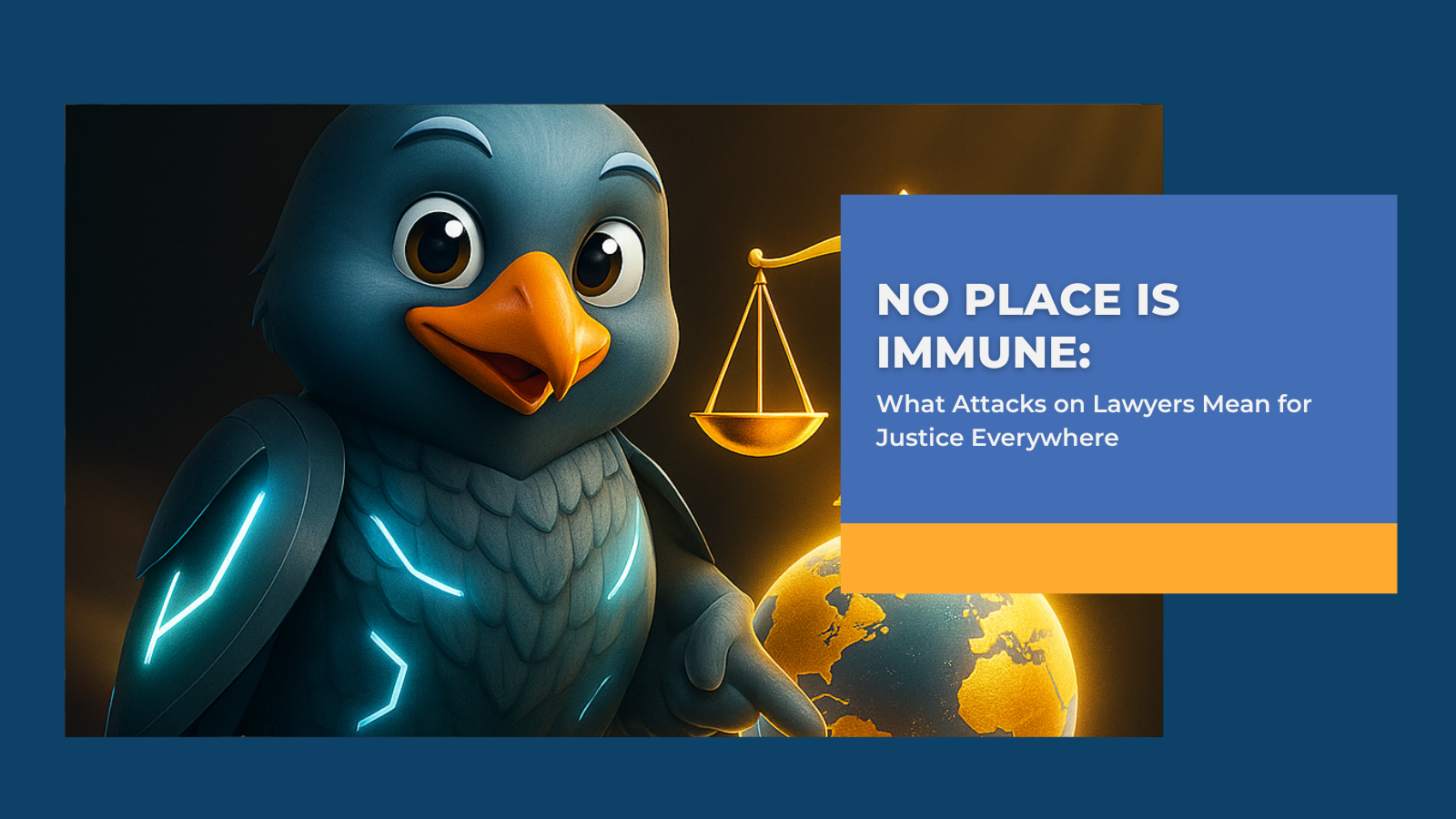 MatchBot standing beside glowing scales of justice overlayed on a globe, symbolizing global lawyer independence and the rule of law.