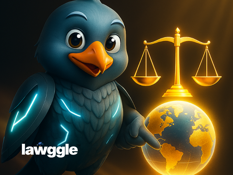 MatchBot standing beside glowing scales of justice overlayed on a globe, symbolizing global lawyer independence and the rule of law.