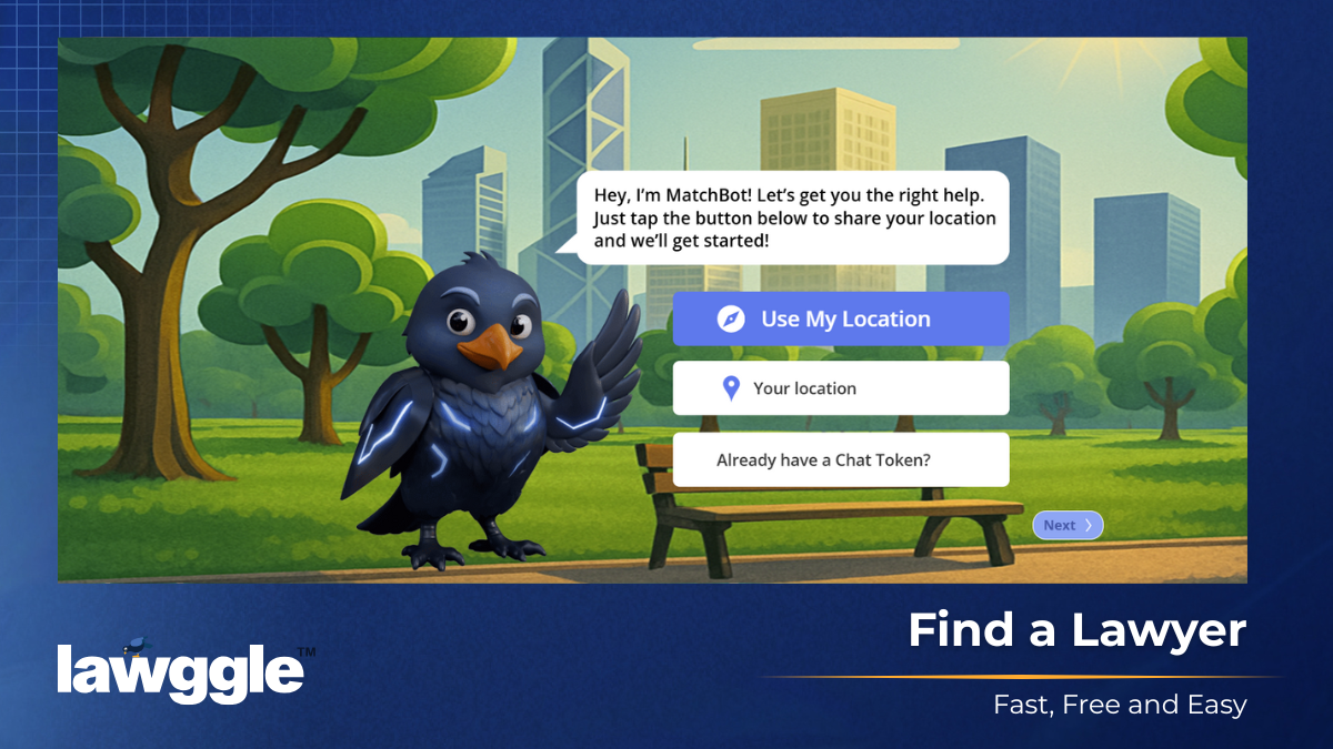 Lawggle’s MatchBot inviting users to share their location to find the right lawyer — Fast, Free, and Easy.