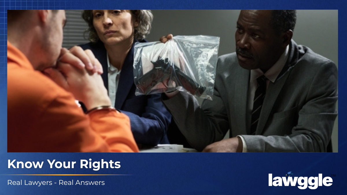 Police questioning a suspect in custody while presenting evidence — a reminder that you have the right to remain silent and ask for a lawyer — Lawggle