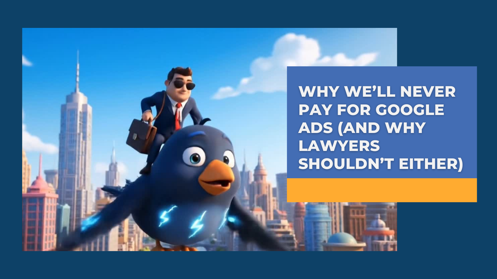 A futuristic scene of MatchBot flying above a city skyline, symbolizing freedom from paid ads and the rise of organic visibility for lawyers.