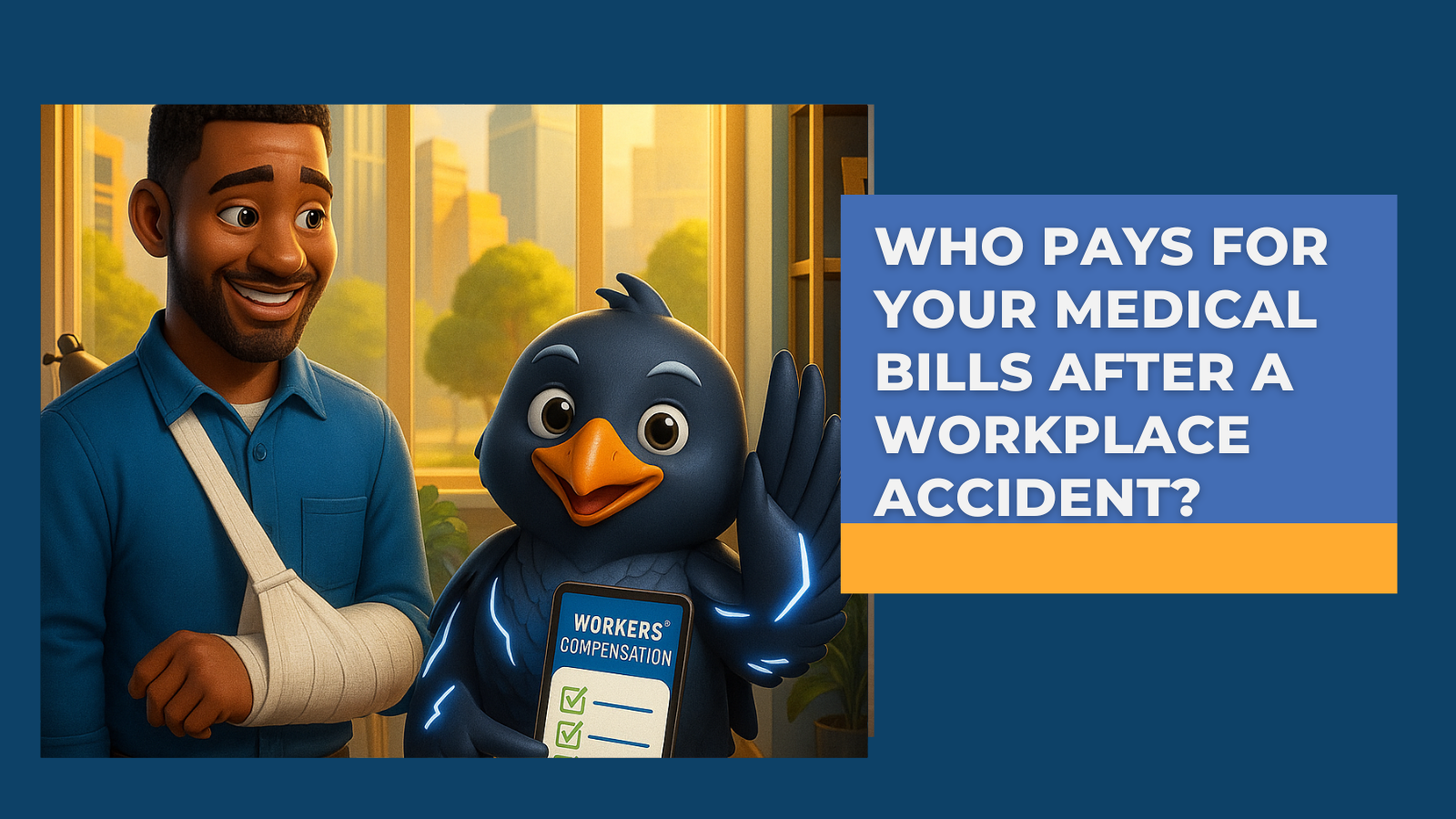 Construction worker injured at work receiving help from a coworker — illustration of workplace accident for Lawggle blog featuring James Perrin, Texas personal injury lawyer.
