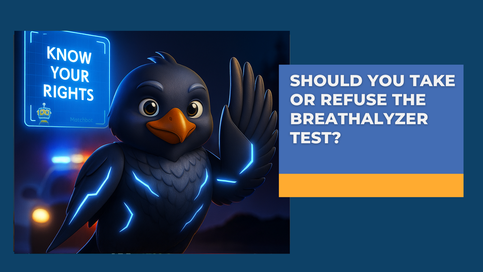 Scene of a driver pulled over at night with police lights flashing, symbolizing a DUI traffic stop and the question of whether to take a breathalyzer test.