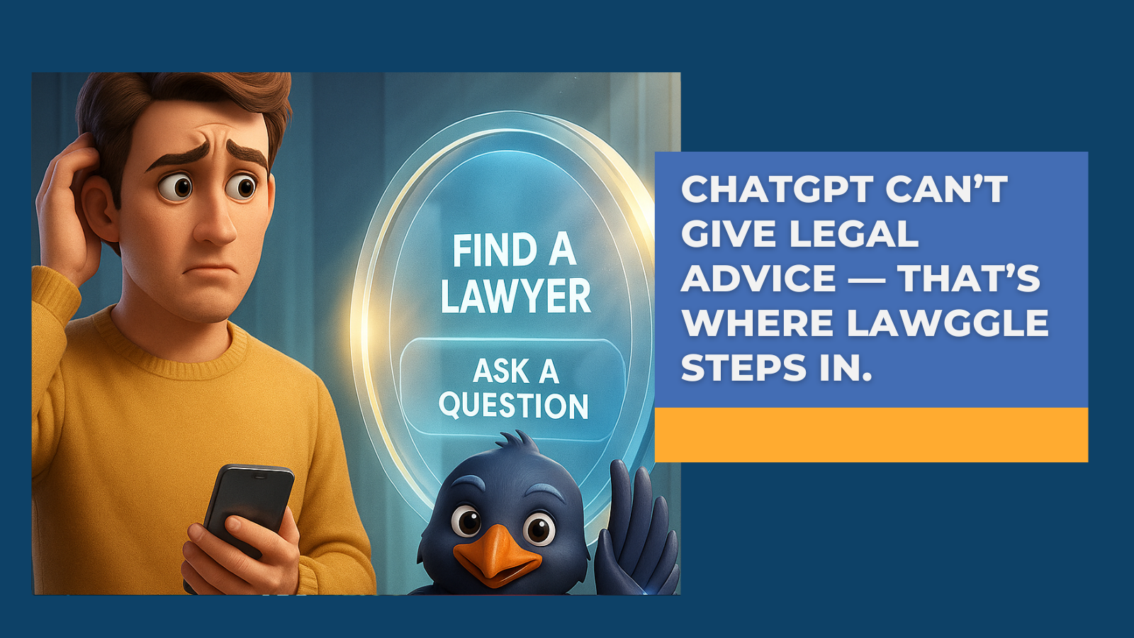 AI assistant turning away a user asking for legal advice, while the user is guided toward Lawggle — a trusted platform connecting people to real lawyers for human, verified legal help.