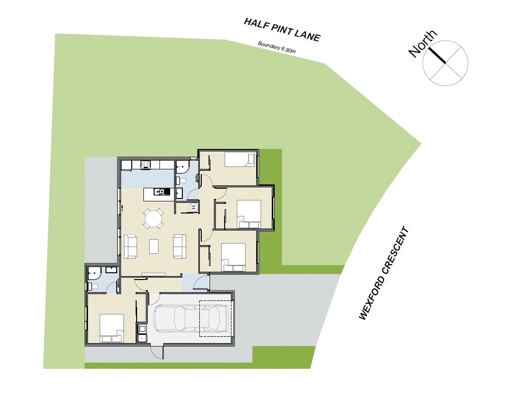 four bedroom house plan with open plan living and single garage