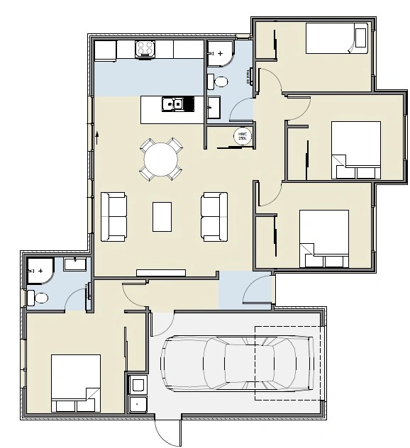 four bedroom house plan with open plan living and single garage