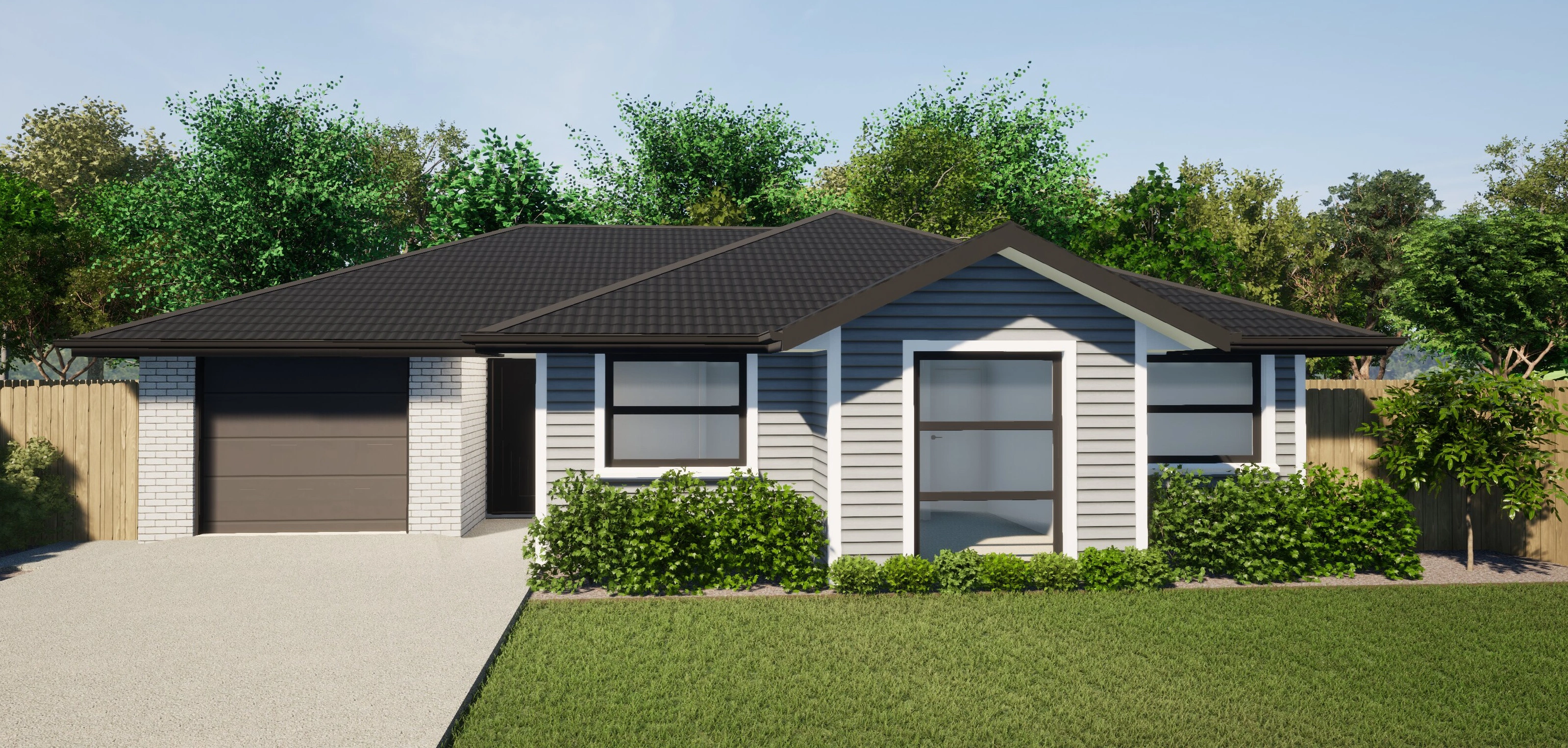 Four-bedroom house plan with brick and metal cladding and single garage