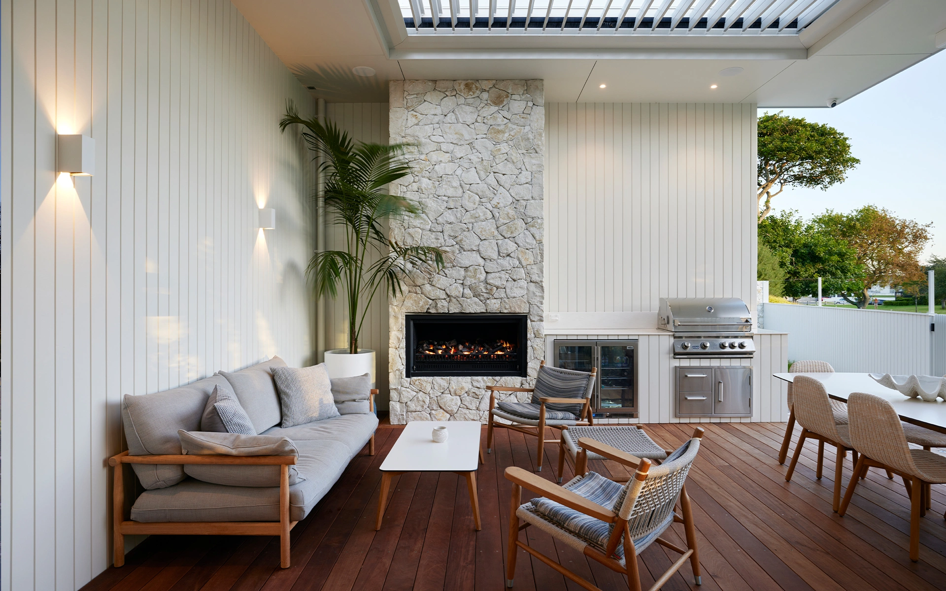 Coastal outdoor living inspiration, covered outdoor living, outdoor fireplace