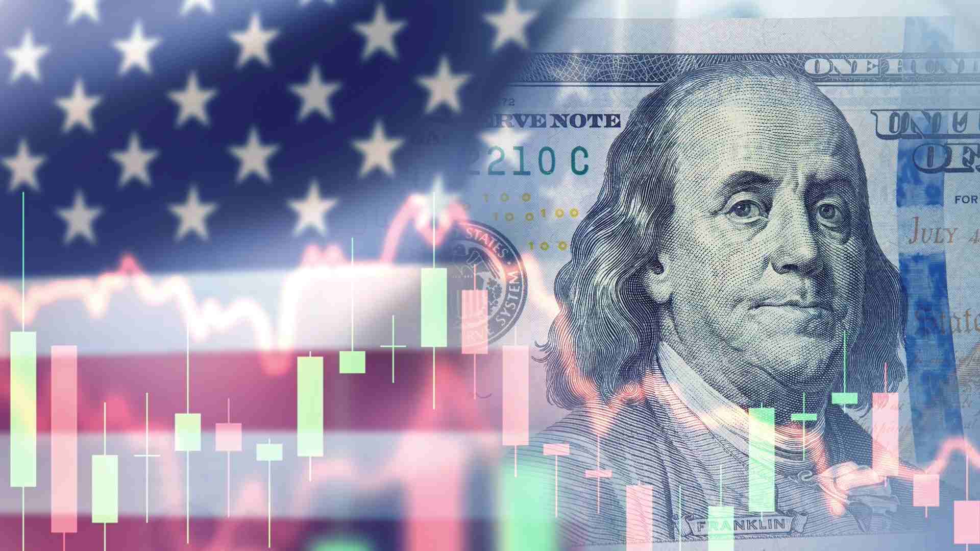 US flag blended with a hundred-dollar bill and financial stock chart, symbolizing the American economy, currency strength, and market trends.