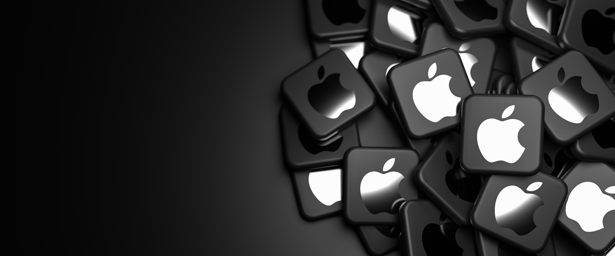 High-resolution 3D illustration of scattered black app-style tiles featuring the Apple logo on a dark background. Concept for consumer tech, smartphones, hardware, apps and brand ecosystem themes