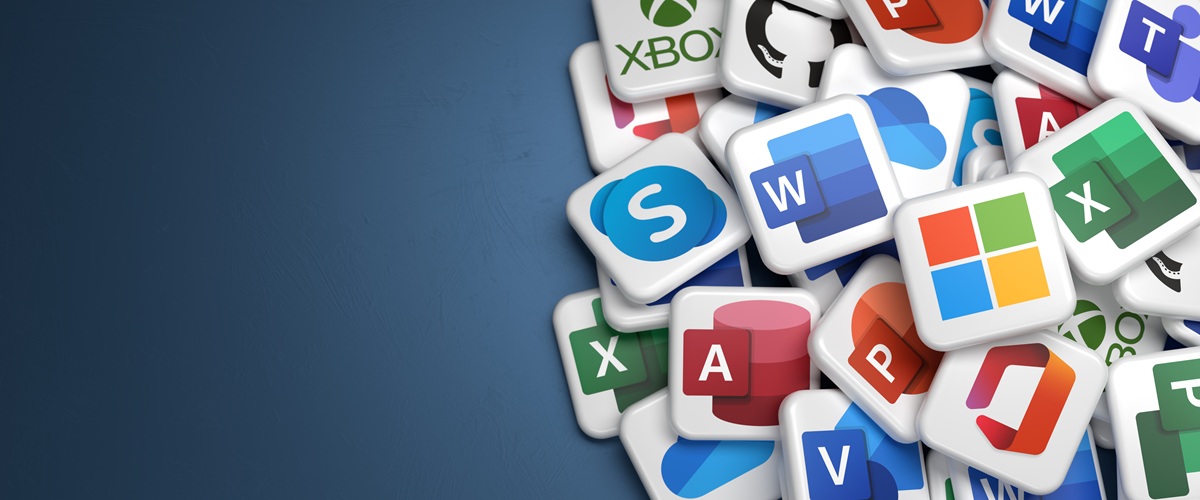 3D illustration of stacked Microsoft-related app tiles (Office/365-style icons and services) on a blue background. Useful for themes like productivity software, cloud, enterprise tech and digital workplaces.
