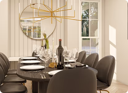 Modern dining room with a dark table set with plates, wine glasses, a bottle, and dark chairs around it.