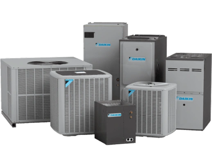Group of Daikin HVAC units including air conditioners and furnaces