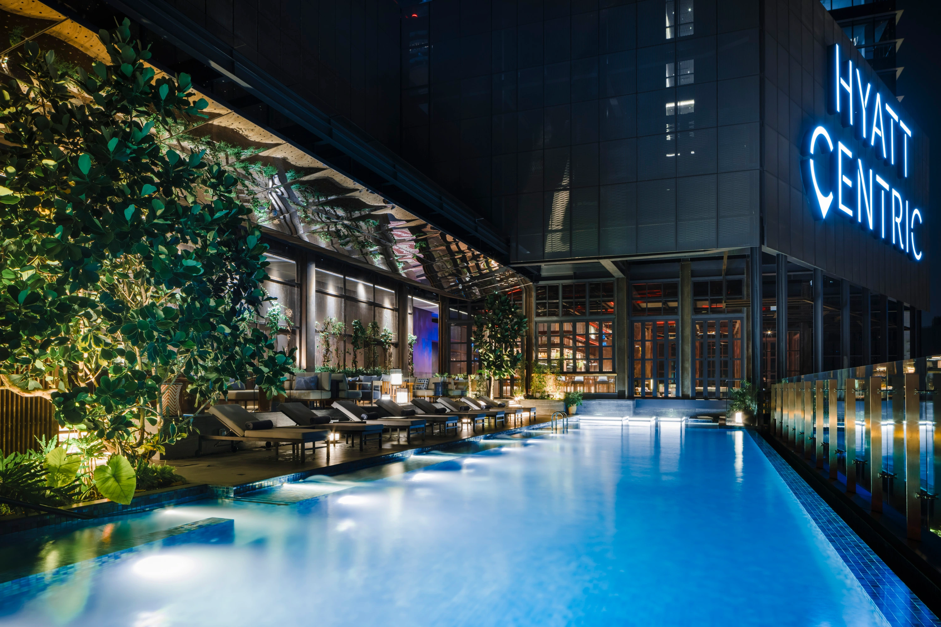Night view of the level 21 pool at Hyatt Centric Kuala Lumpur Malaysia