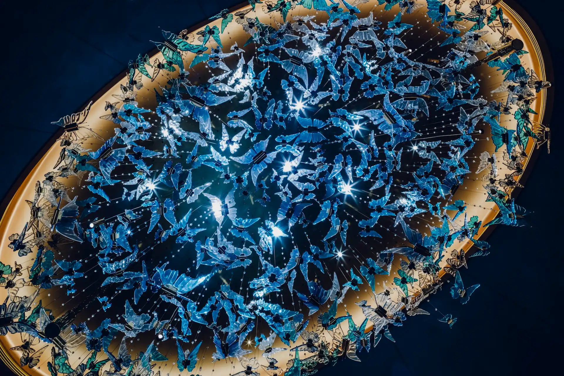 Grand Imperial Court butterfly chandelier ceiling detail at MGM Macao featuring suspended blue and crystal butterflies set within an illuminated oval ceiling recess creating a sculptural focal point in the luxury Chinese restaurant private dining interior