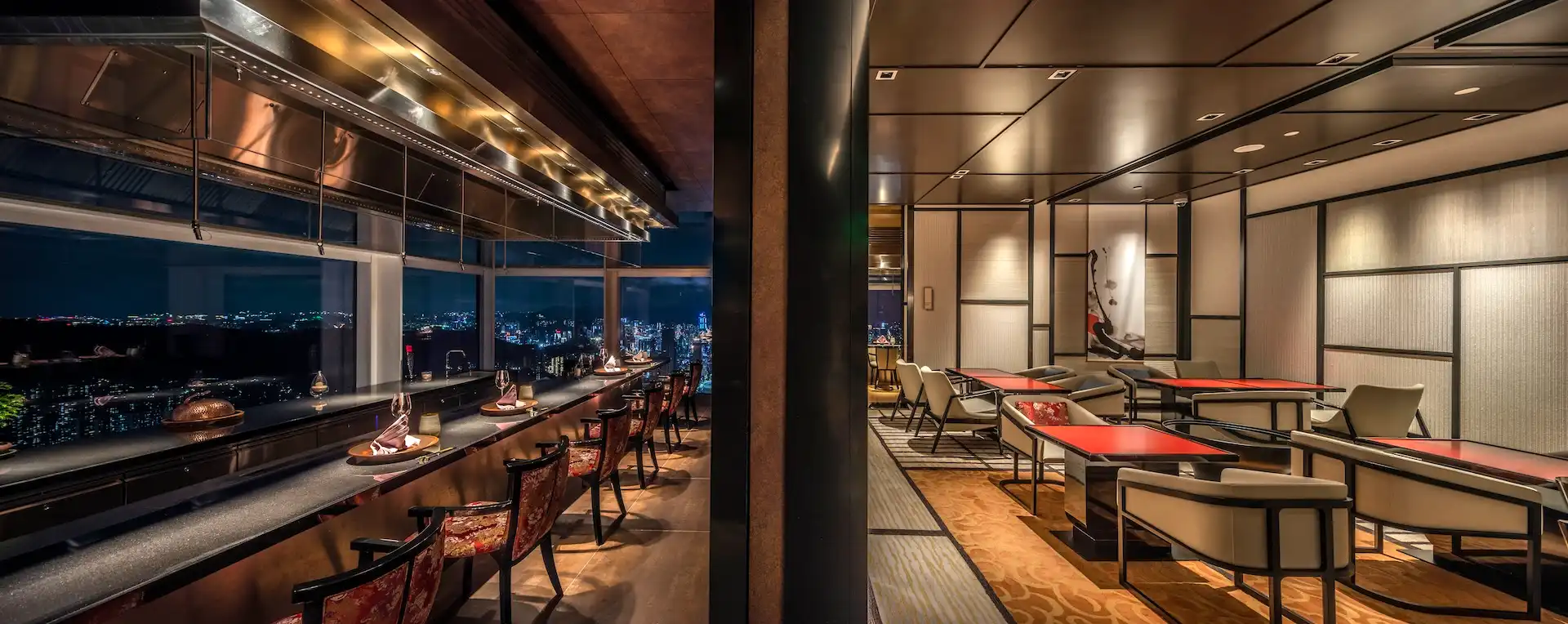 Split interior view at RIN Mandarin Oriental Shenzhen showing the sake lounge with red lacquer tables and Japanese panel detailing alongside the corten steel private teppanyaki dining room with chef counter and panoramic city skyline views.