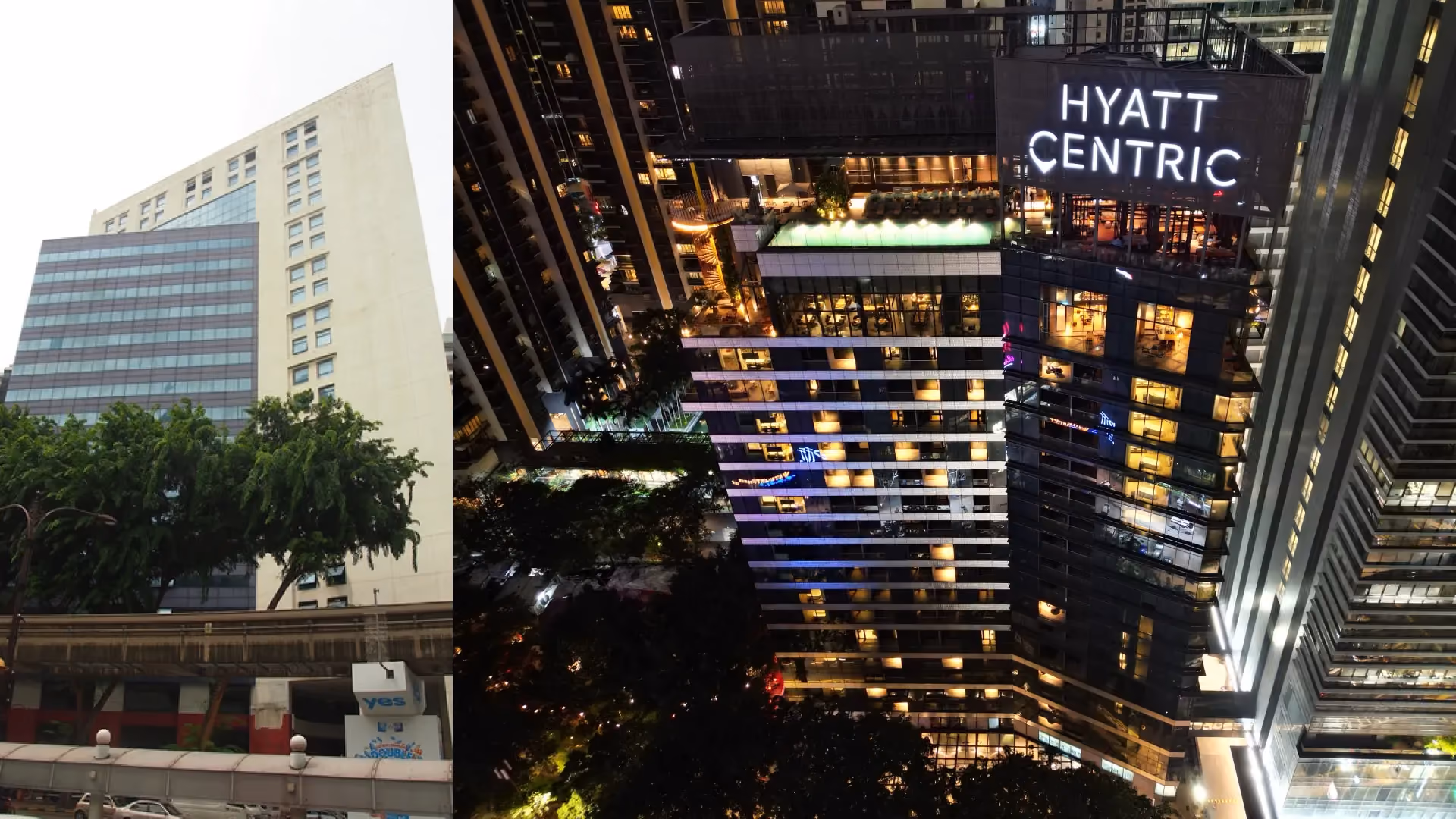 The original Wisma KFC light industrial building and the converted Hyatt Centric City Centre Kuala Lumpur tower at night