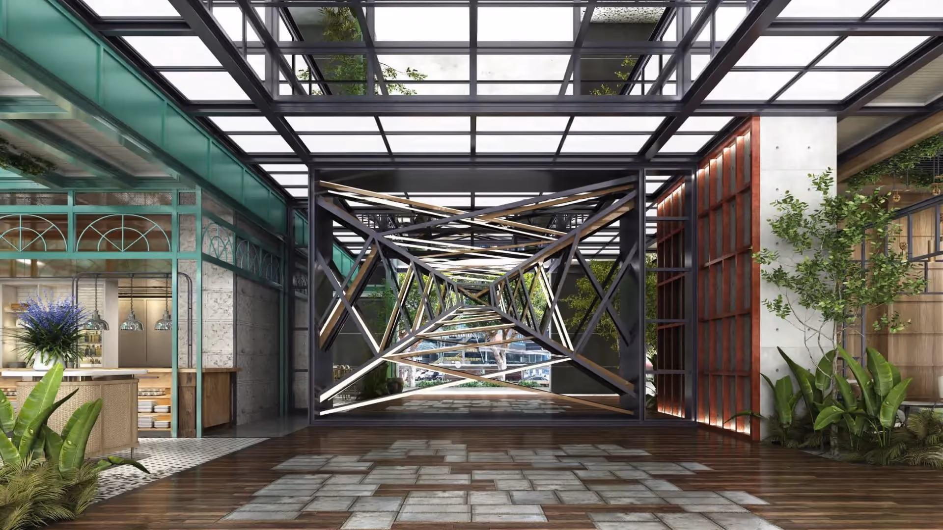 Arrival lobby at Hyatt Centric City Centre Kuala Lumpur, with a sculptural steel wall depicting the view up a tin mining dredger crane shaft