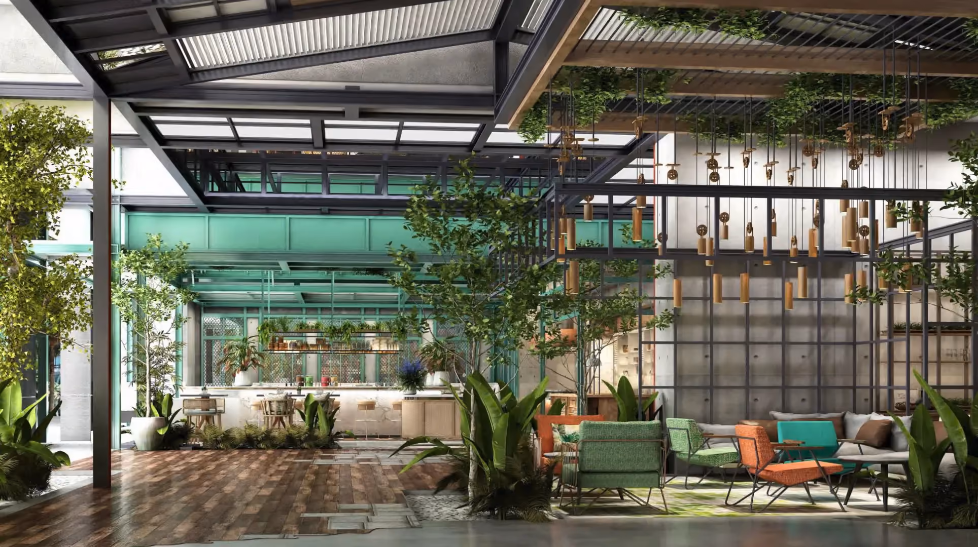 Waiting lounge at Hyatt Centric City Centre Kuala Lumpur, set within a steel-framed structure with green lounge chairs, hanging plants and trees