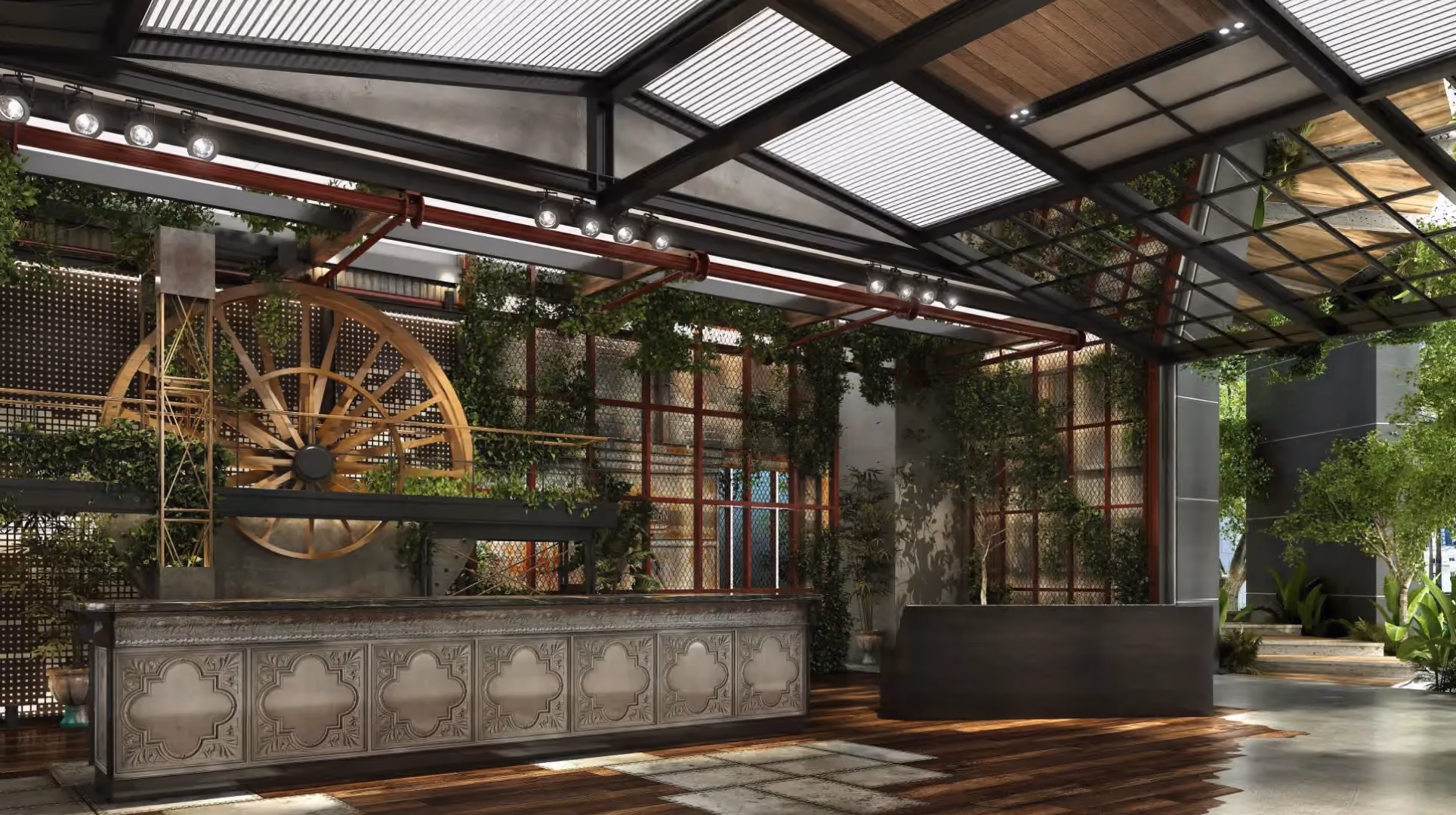 Main reception at Hyatt Centric City Centre Kuala Lumpur, with a pressed tin counter, a sculptural wall of salvaged tin dredger gears and a dredger-inspired steel roof