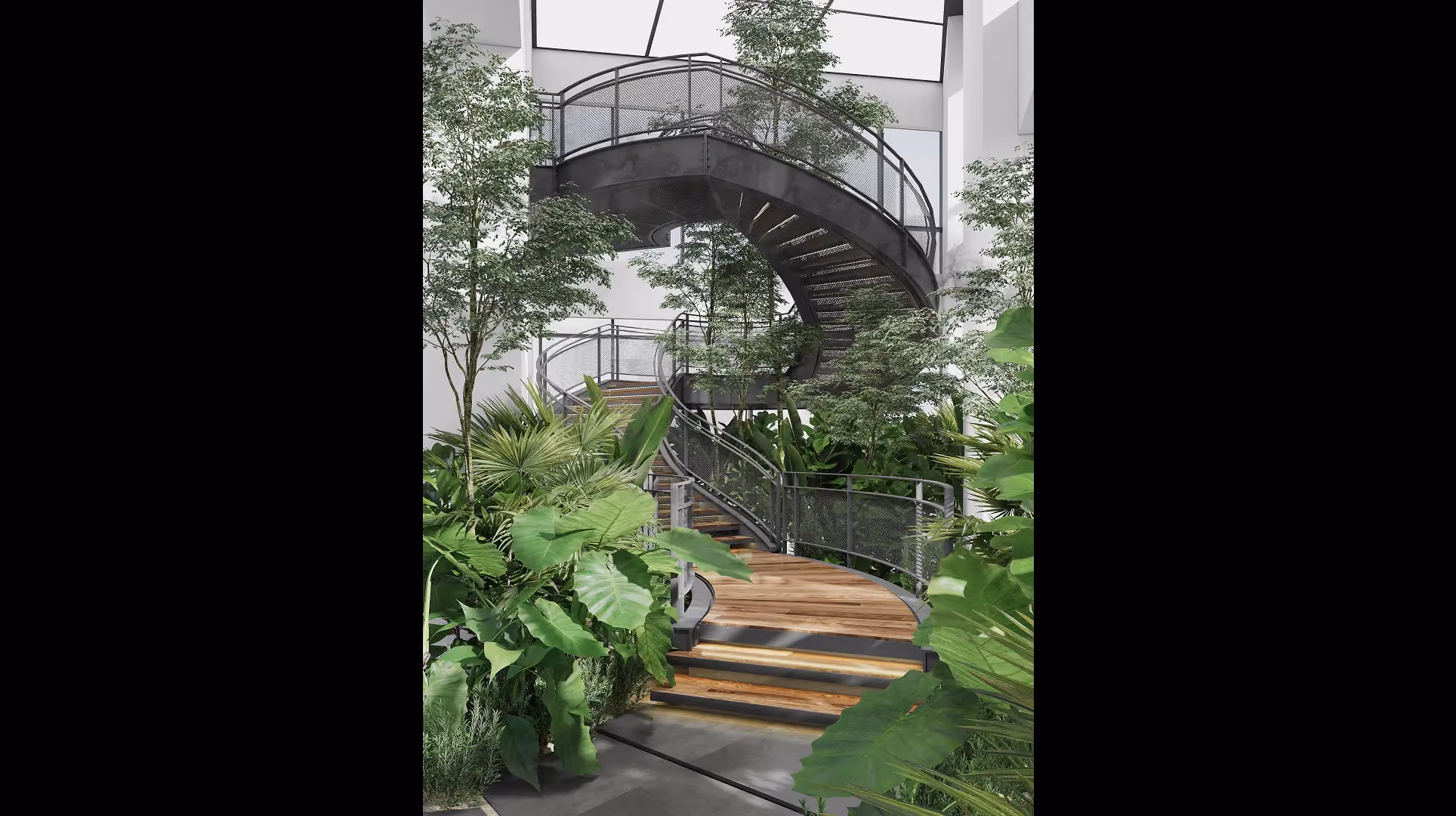 Steel spiral staircase at Hyatt Centric City Centre Kuala Lumpur, rising from an internal garden of tropical planting