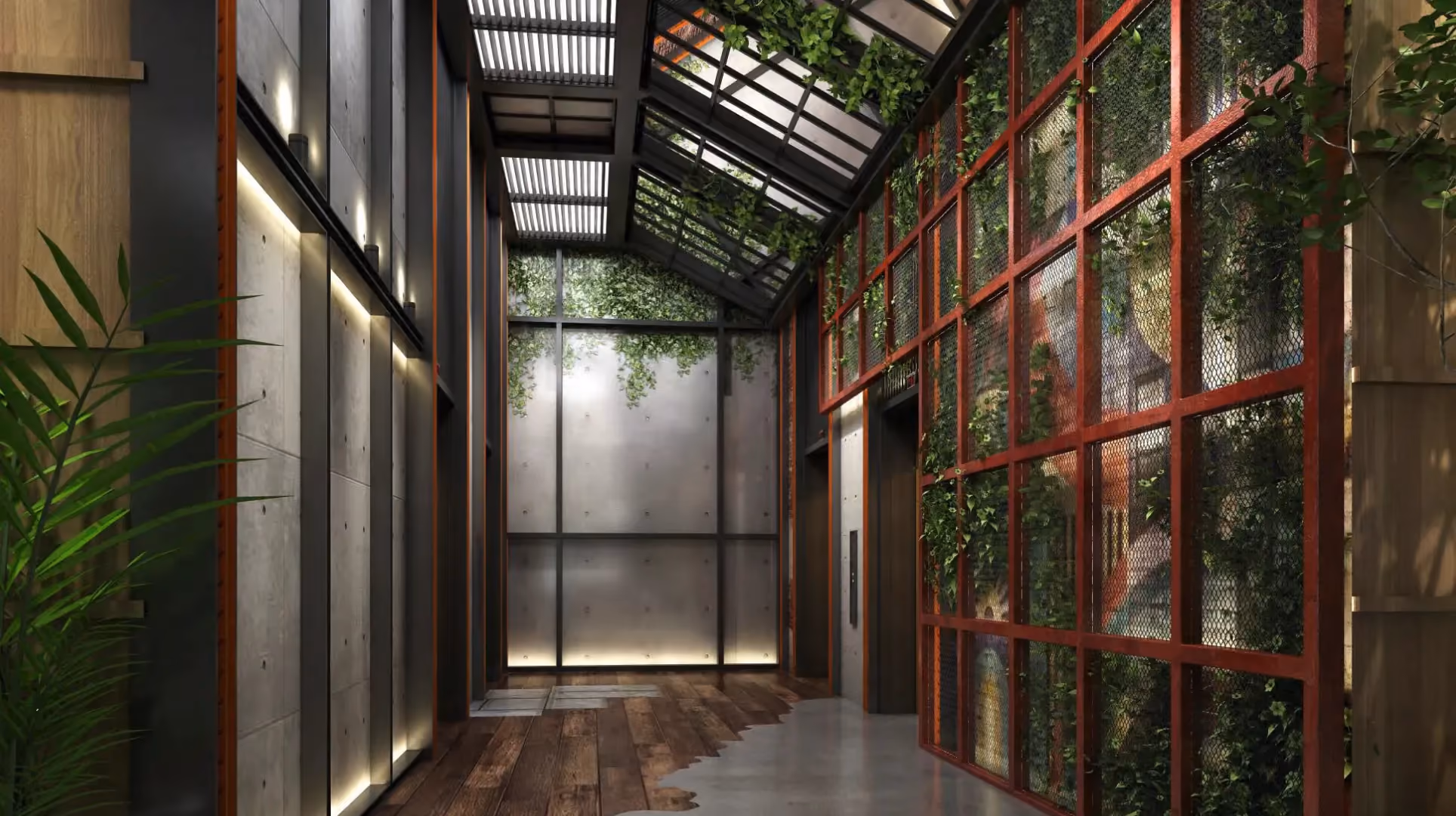 Ground floor lift lobby at Hyatt Centric City Centre Kuala Lumpur, with red steel framing, climbing greenery and a skylit ceiling