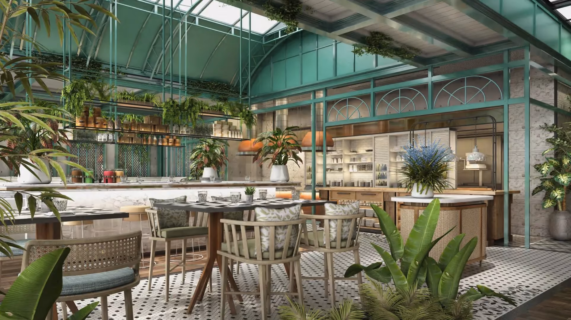 Tanburi Cafe at Hyatt Centric City Centre Kuala Lumpur, with teal steel framing, an open kitchen counter, patterned floor tiles and planting