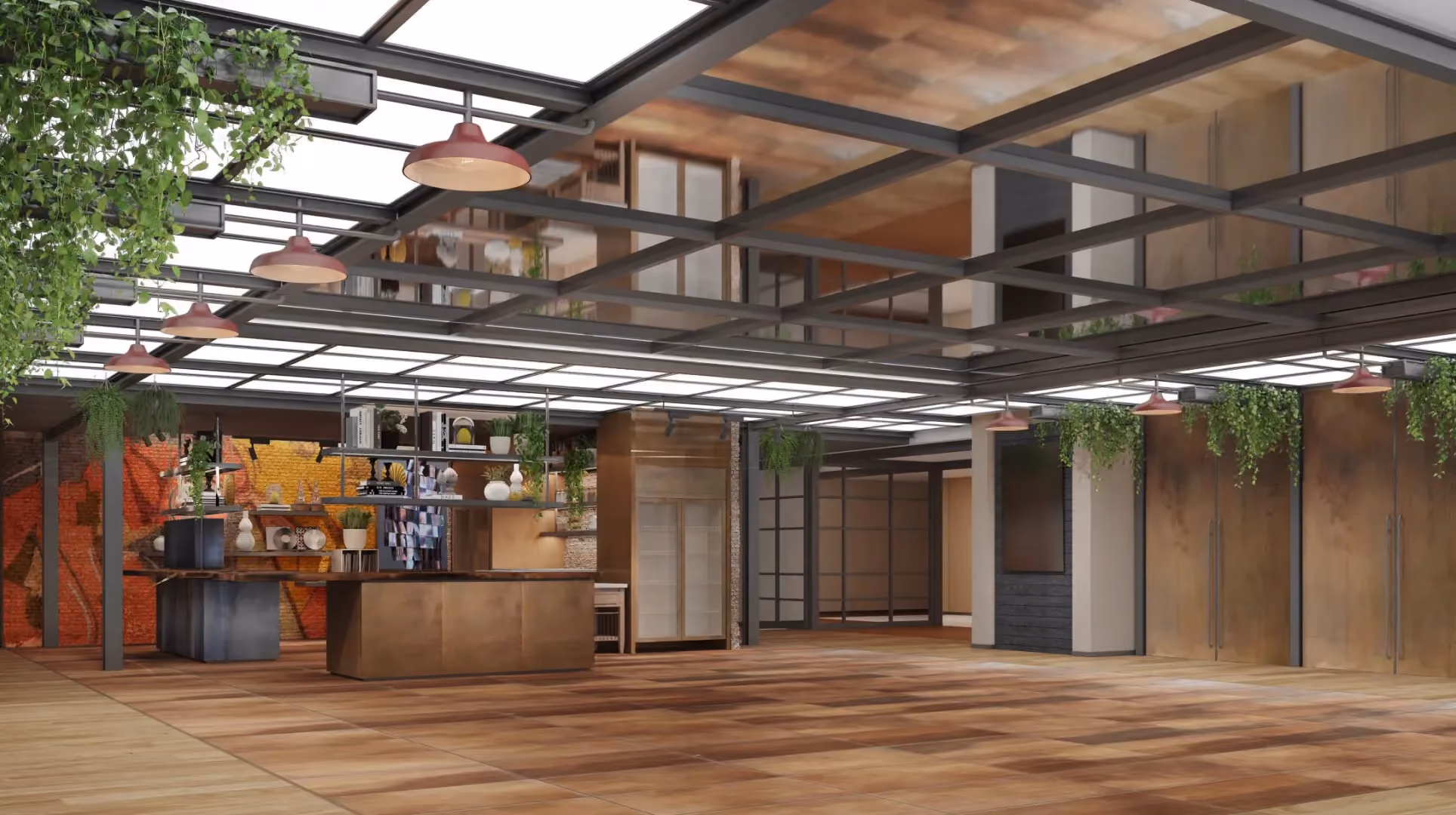 Level 1 breakout area at Hyatt Centric City Centre Kuala Lumpur, with a central breakout kitchen under a steel gantry, hanging plants and graffiti walls