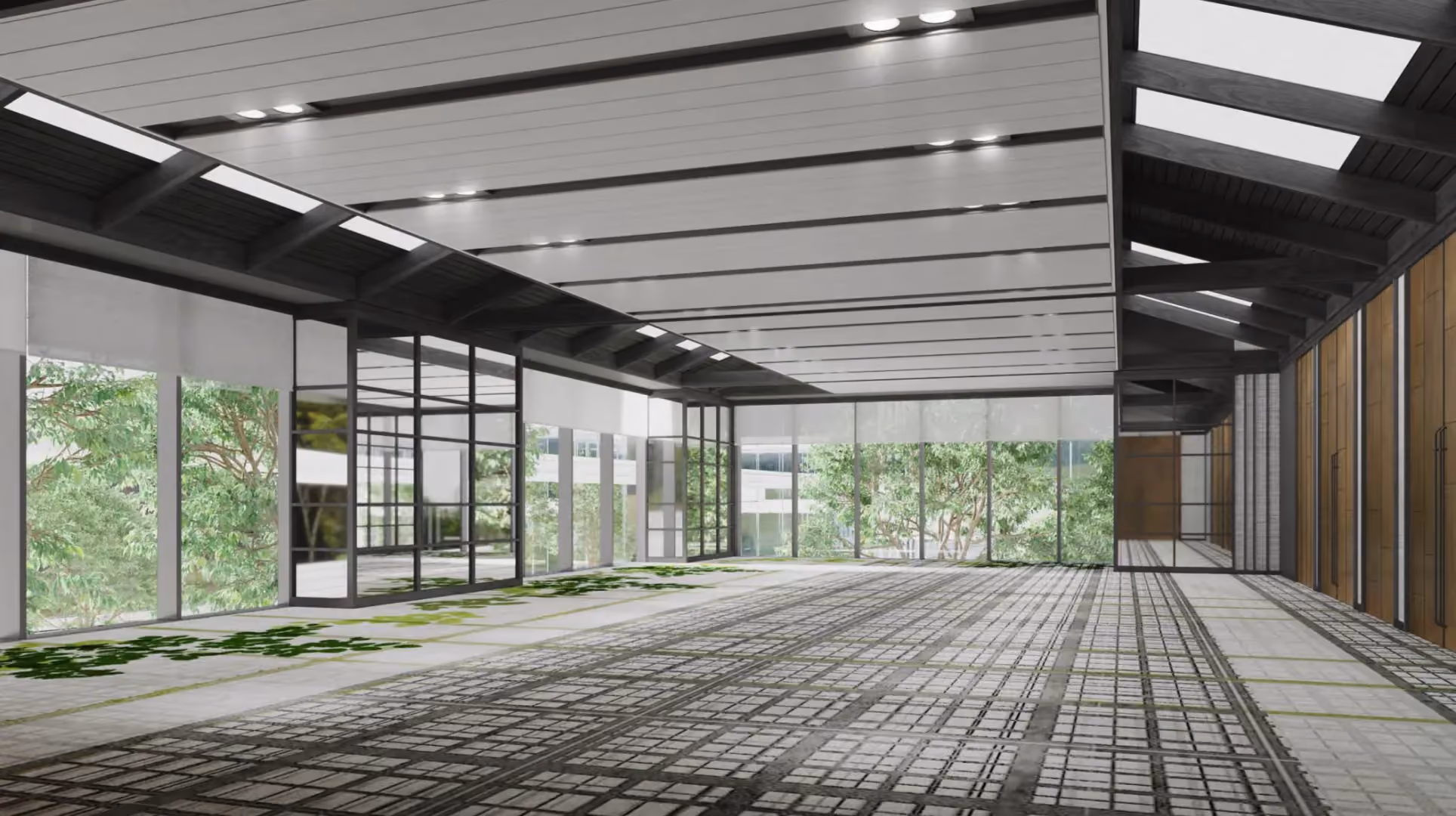 Level 1 pre-function area at Hyatt Centric City Centre Kuala Lumpur, with leaf-patterned carpet and full-height windows to the tree canopy