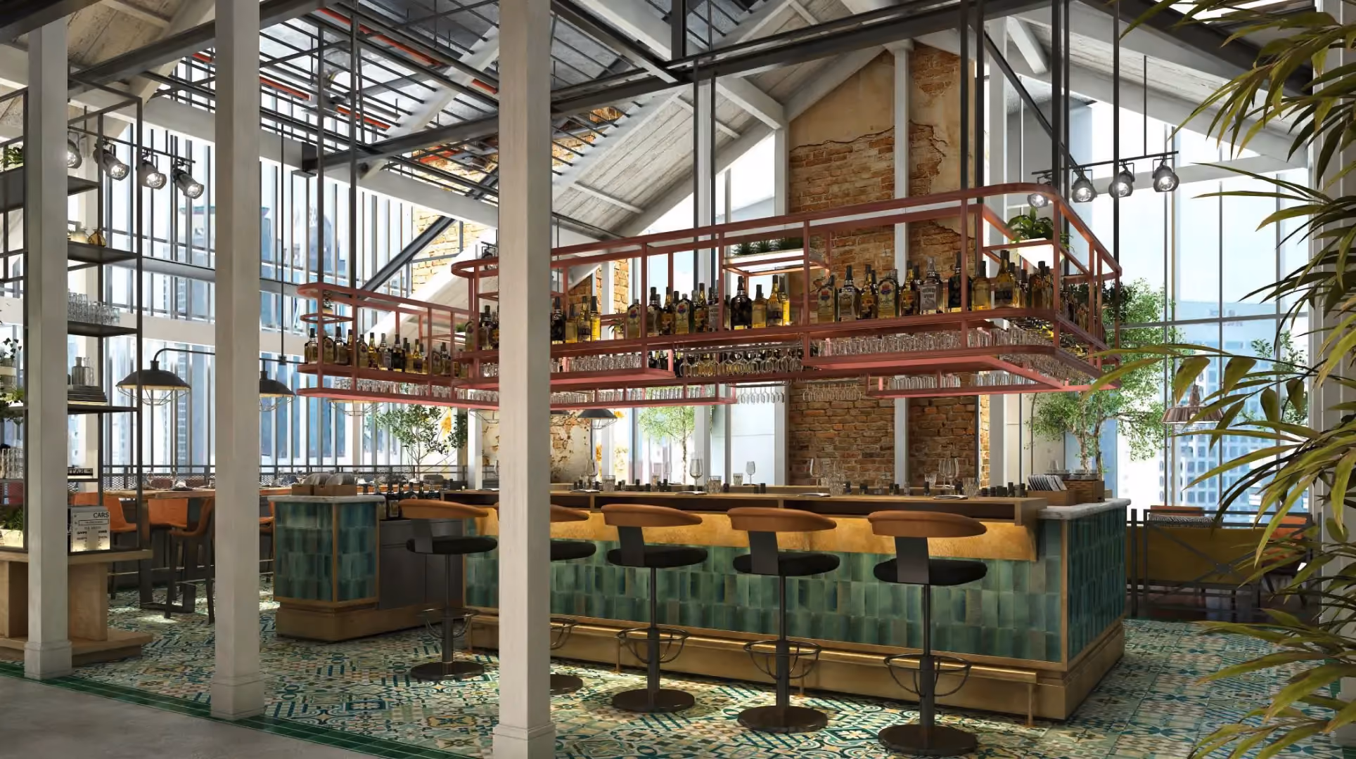 The Foundry main bar at IL Forno, Hyatt Centric City Centre Kuala Lumpur, with a hanging pink steel gantry, green tiled bar front and bar stools