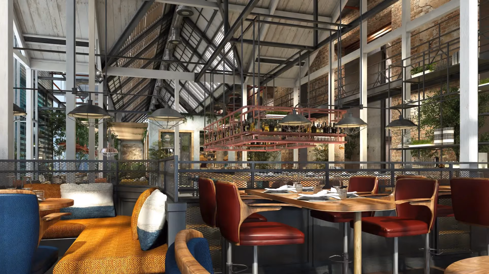 The Foundry at IL Forno, Hyatt Centric City Centre Kuala Lumpur, with lounge dining booths, red chairs and a skylit pitched steel roof