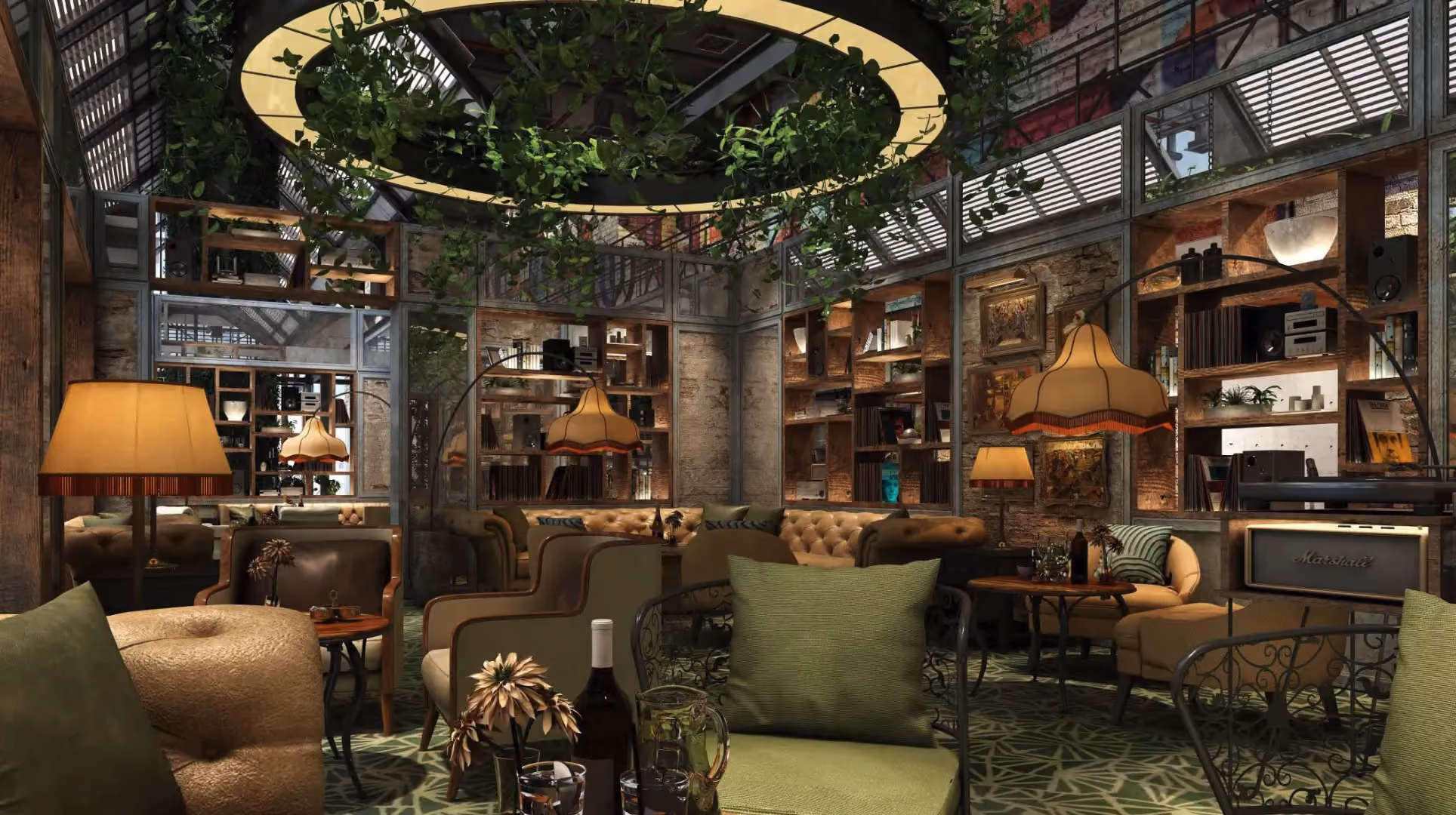The Forge at IL Forno, Hyatt Centric City Centre Kuala Lumpur, a club-style lounge with armchairs, table lamps, shelving and a circular planted ceiling feature